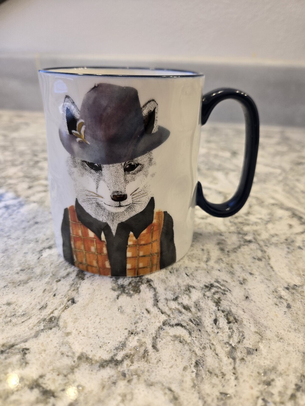 Signature Fox Portrait Ceramic Coffee Mug - Cream with Navy Handle